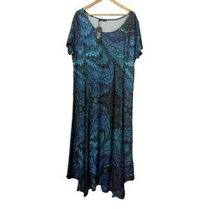 NWT Lily by Firmiana Blue & Purple Peacock Scoop Neck Handkerchief Dress Size 3X